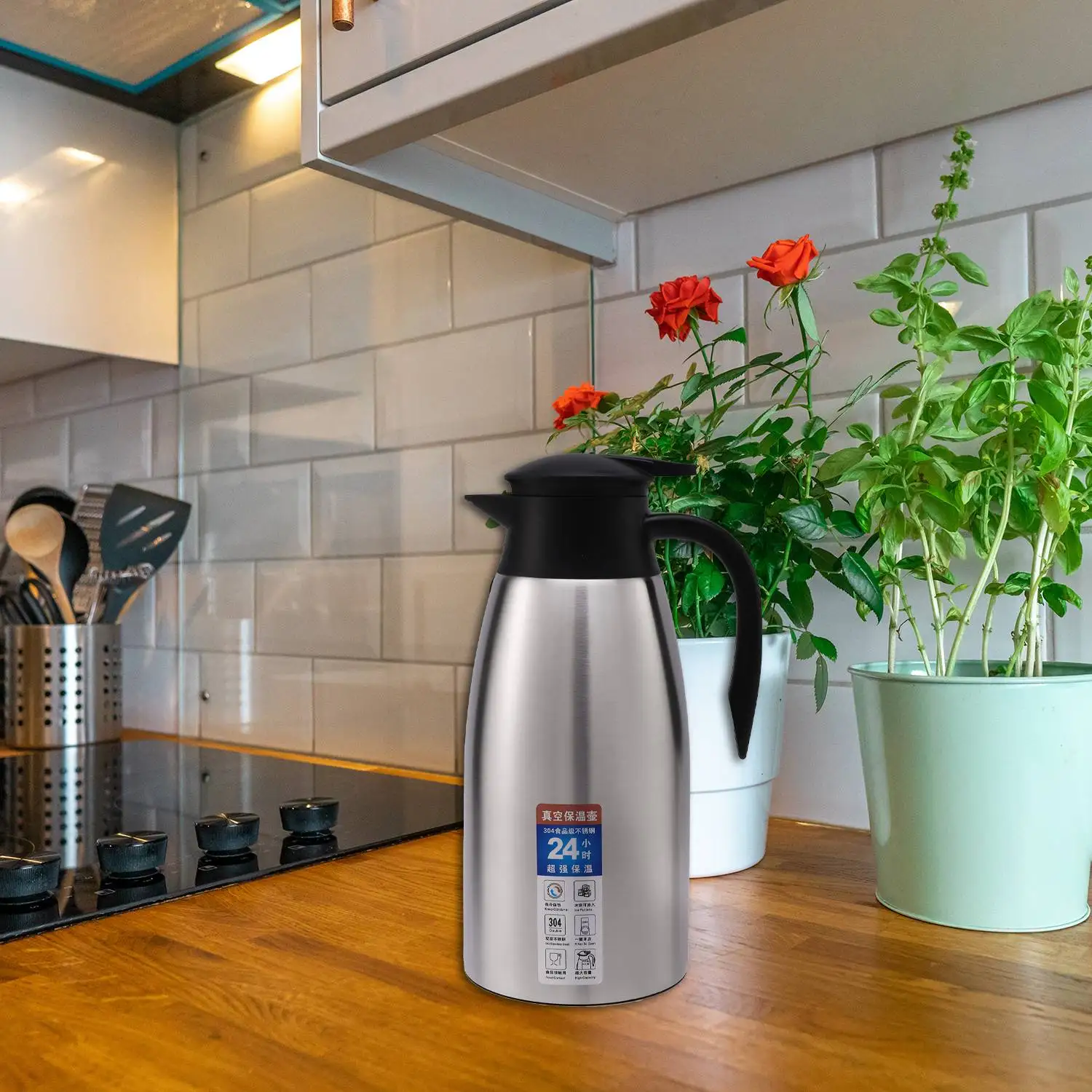

Silver 304 Stainless Steel 2L Thermal Flask Vacuum Insulated Water Pot Coffee Tea Milk Jug Thermal Pitcher for Home and Office