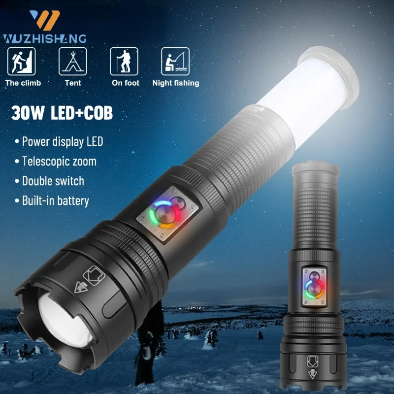 

NEW 30W White Laser XHP360 LED COB Flashlight 2800LM Double Switch USB 10Mode Lamp Telescopic Zoom IPX4 Waterproof Torch