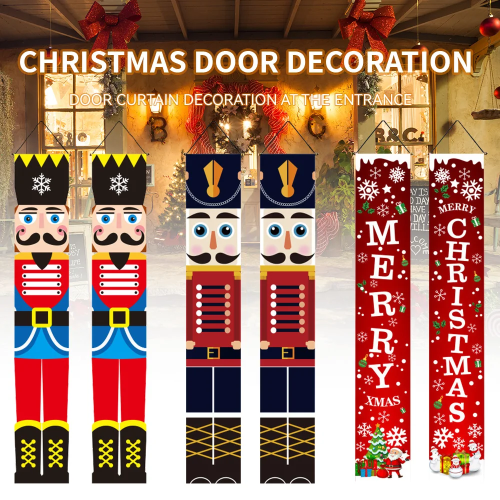 

1Pair Christmas Door Couplet Decoration Nutcracker Soldier Banner Snowman Home Party Hanging Flags Gift Porch Sign Ornament