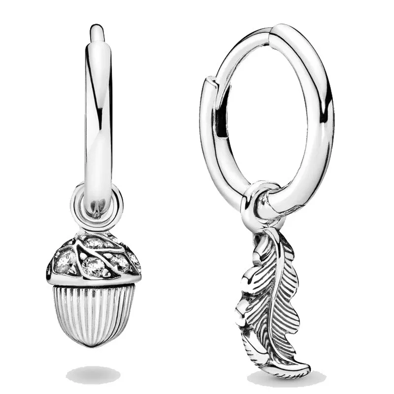 

Original Sparkling Acorn & Leaf With Crystal Hoop Earrings For Women 925 Sterling Silver Wedding Gift Fashion Jewelry