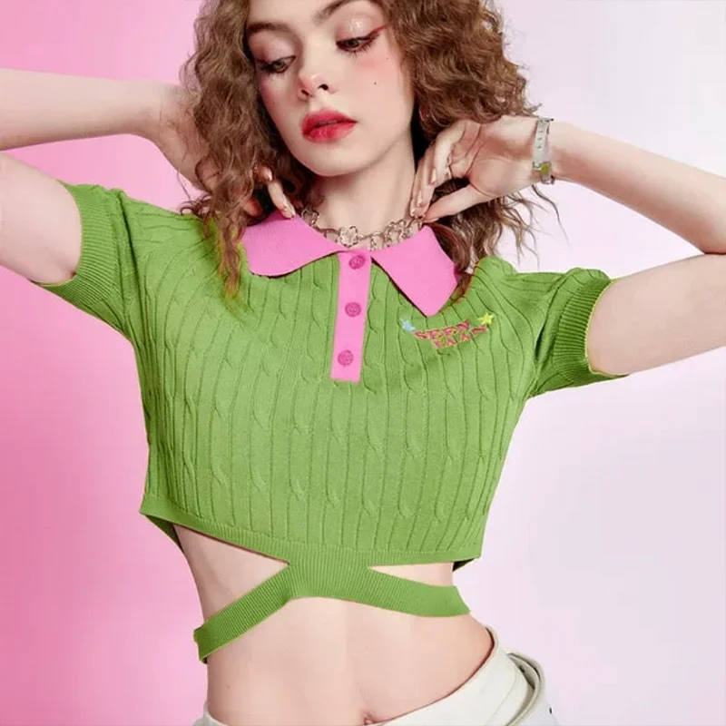 

Sweet Bright Colors Clash Of Colors POLO Collar Short-sleeved Women's Pullover 2023 Summer New Knitted Short Tops Hollow