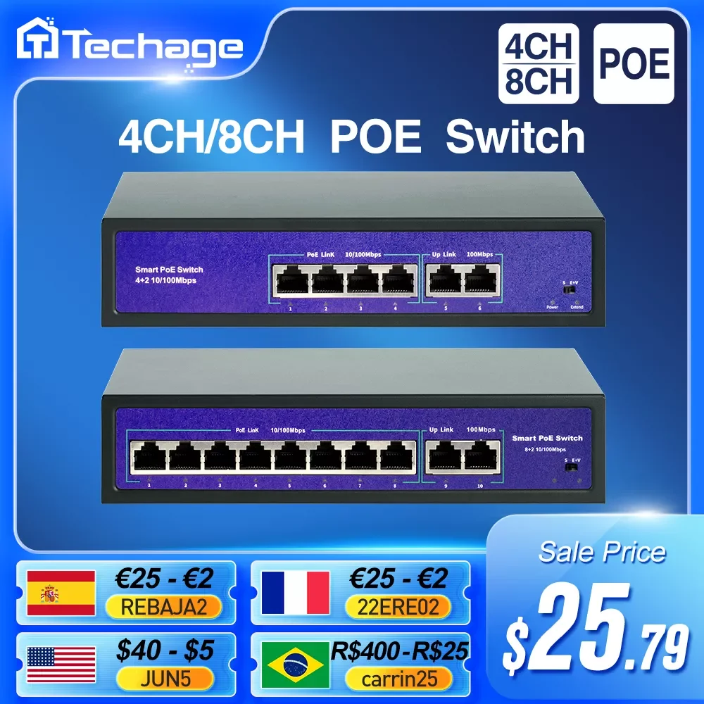 Сетевой POE коммутатор Techage, 4 канала, 8 каналов, 52 в, 10/100 Мбит/с, IEEE 802,3 af/at, для IP-камер POE/беспроводных точек доступа/систем видеонаблюдения