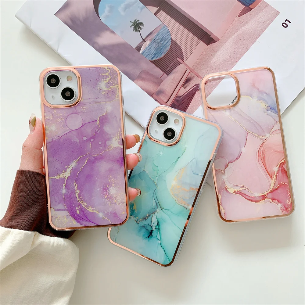 

Electroplated Marble Back Cover for IPhone 14 Plus 13 11 12 Pro Max Mini SE2022 Thicken Shockproof Soft IMD Slim Fit Phone Case