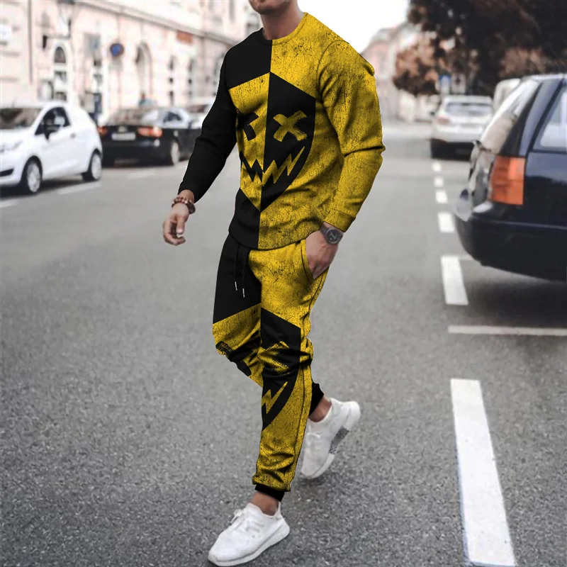 Mens Sweatpants Suit 3D Printed Smiley XO T Shirt Long Sleeve Tracksuit 2 Piece Sets Casual Man Clothing Trousers Sports Outfits