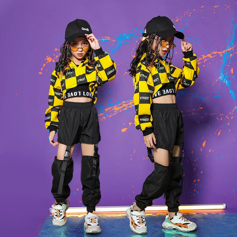 Children Girl long Sleeve Black Yellow Hip Hop Hiphop Ds Jazz Dance Costumes Ballroom Clothes Outfit Girl Clothes