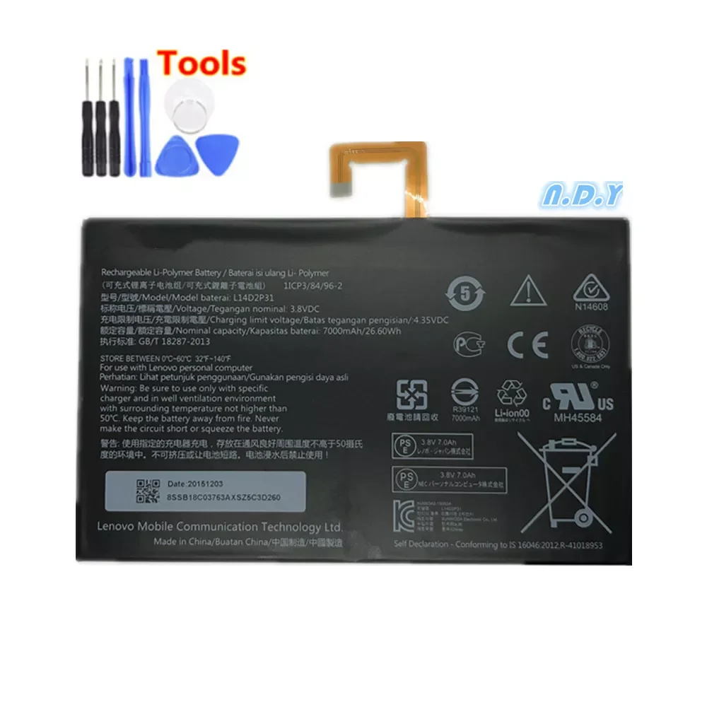 

NEW2023 7000mAh L14D2P31 For Lenovo Tab 2 A7600-F A10-70F Tab2 A10-70 A10-70L Battery + Free Tools