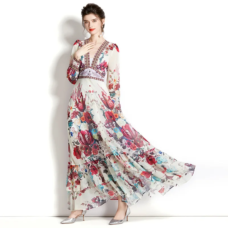 

2023 Fashion Runway Gorgeous Flower Chiffon Cascading Ruffles Dress Women Deep V Neck Long Sleeve Floral Print Boho Robe Vestido