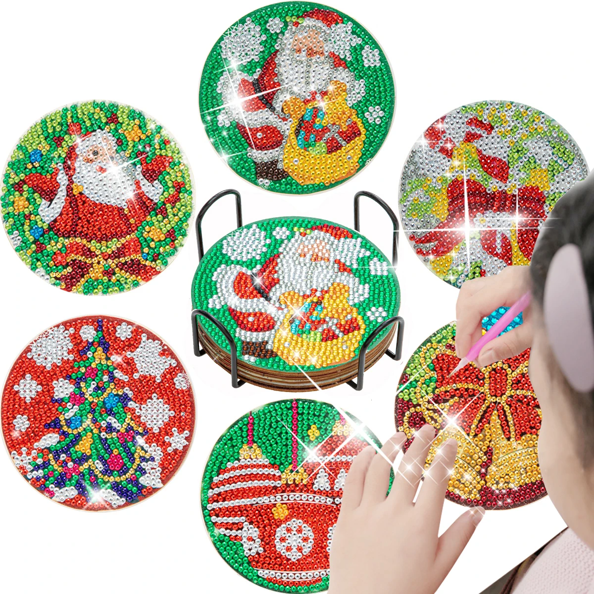 

CHENISTORY 6pc/sets Diamond Painting Coasters With Holder Santa Caluse Christmas Tree Gift Handiwork Diy Sets Artwork Diy Gifts