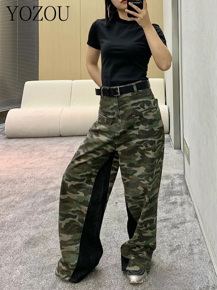 

[YOZOU] Роскошные Дизайнерские мешковатые камуфляжные брюки в стиле пэчворк, бойфренд, свободные джинсы с широкими штанинами, женские джинсы в Корейском стиле, уличная одежда, брюки