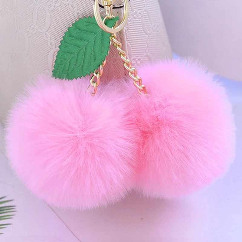 

Cute Fluffy Faux Rabbit Fur Ball Pompom Keychain Cherry Key Chain Pom Pom Keyring Bag Charms Wedding Trinket Bag Accessories