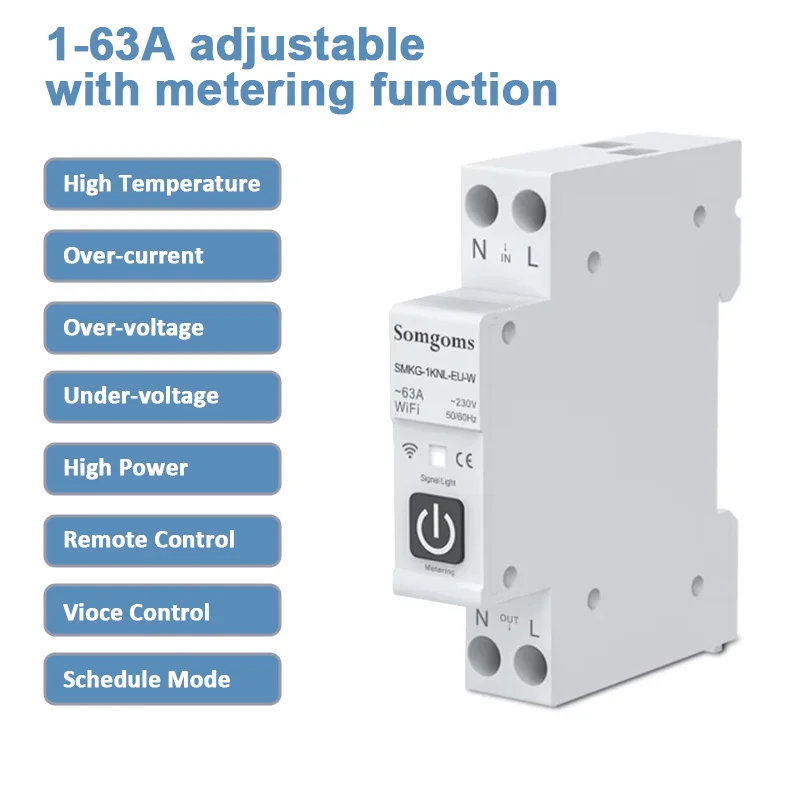 Умный автоматический выключатель Tuya Wi-Fi с измерением 1P1-63A таймер энергии кВтч для
