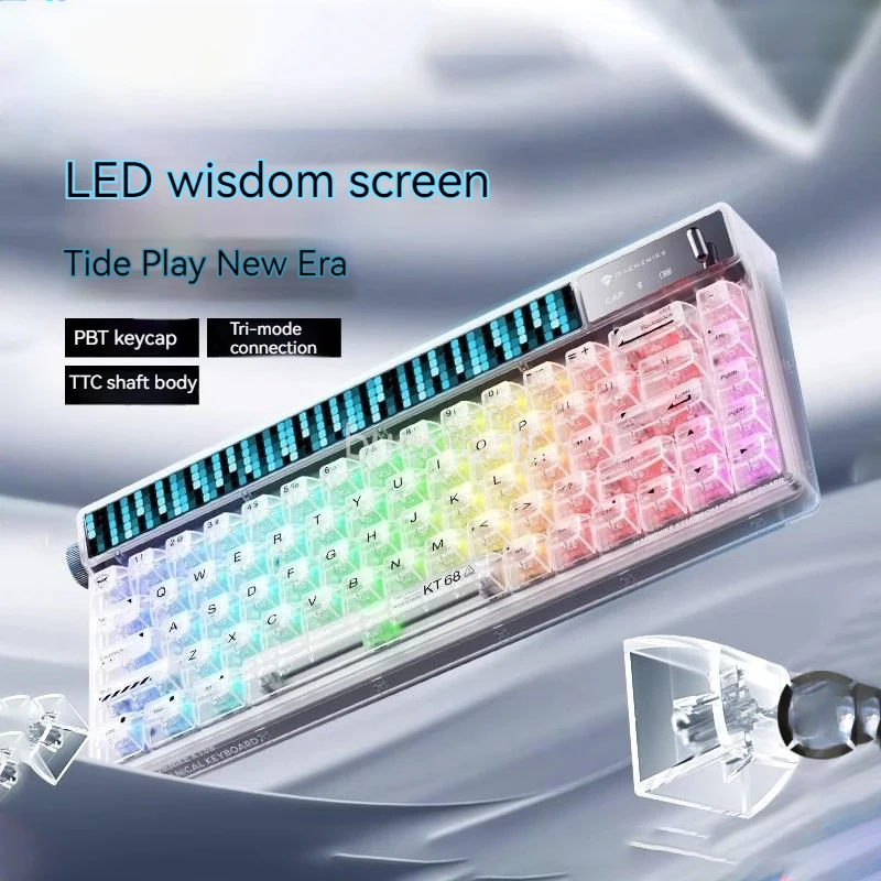 Клавиатура Machenike KT68 с тремя режимами, умный динамический экран, Rgb подсветка, горячая замена, Механическая игровая клавиатура PBT, поворотный переключатель, 68 клавиш