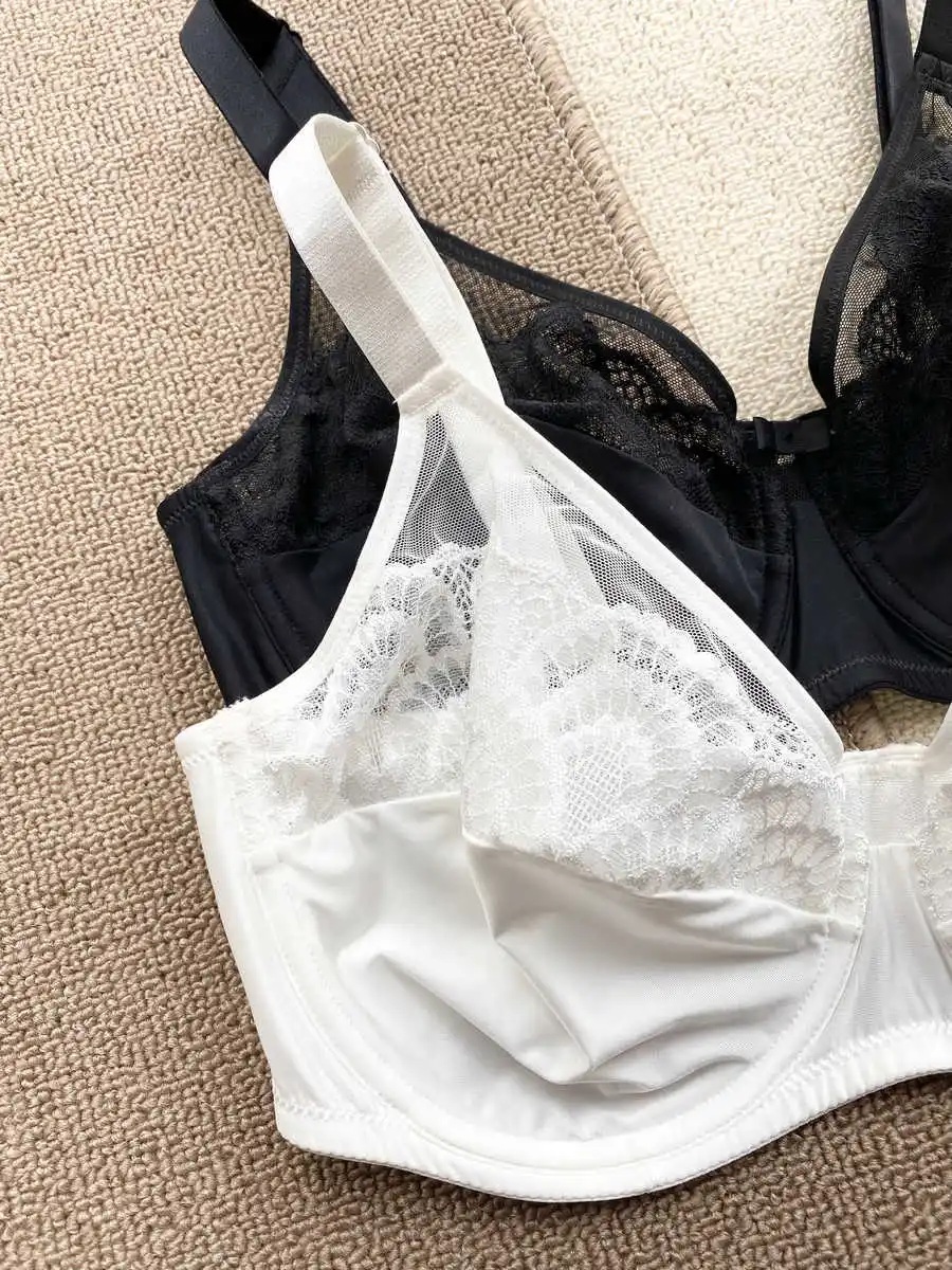 Comfortable Womens Lace Floral Minimizer Bra Full Coverage Non Paded Underwire Female Lingere 34 36 38 40 42 C D E Solid White