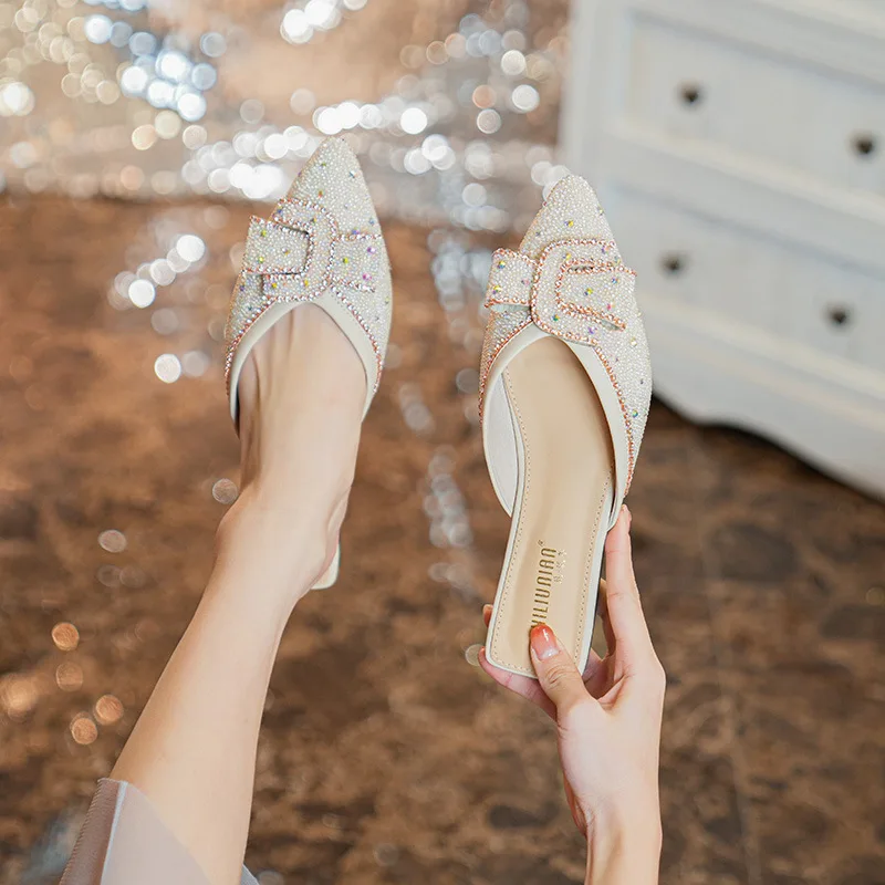 Summer New Half Slippers Fashion Flat Flip Flops Bottom Mules Shoes Sparkling Sandals Small Size Women's Slippers 33-43