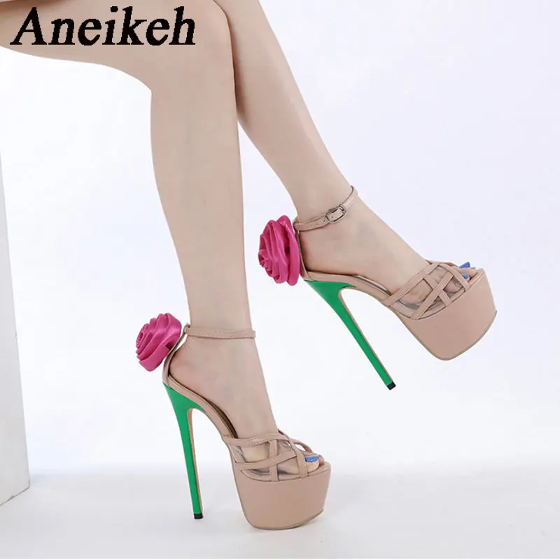 

Aneikeh Fashion Sexy Cover Heel Silk Flower Decoration Super High Heels 2024 Women PVC Mixed Colors Peep Toe Heel Shoe Zapatos