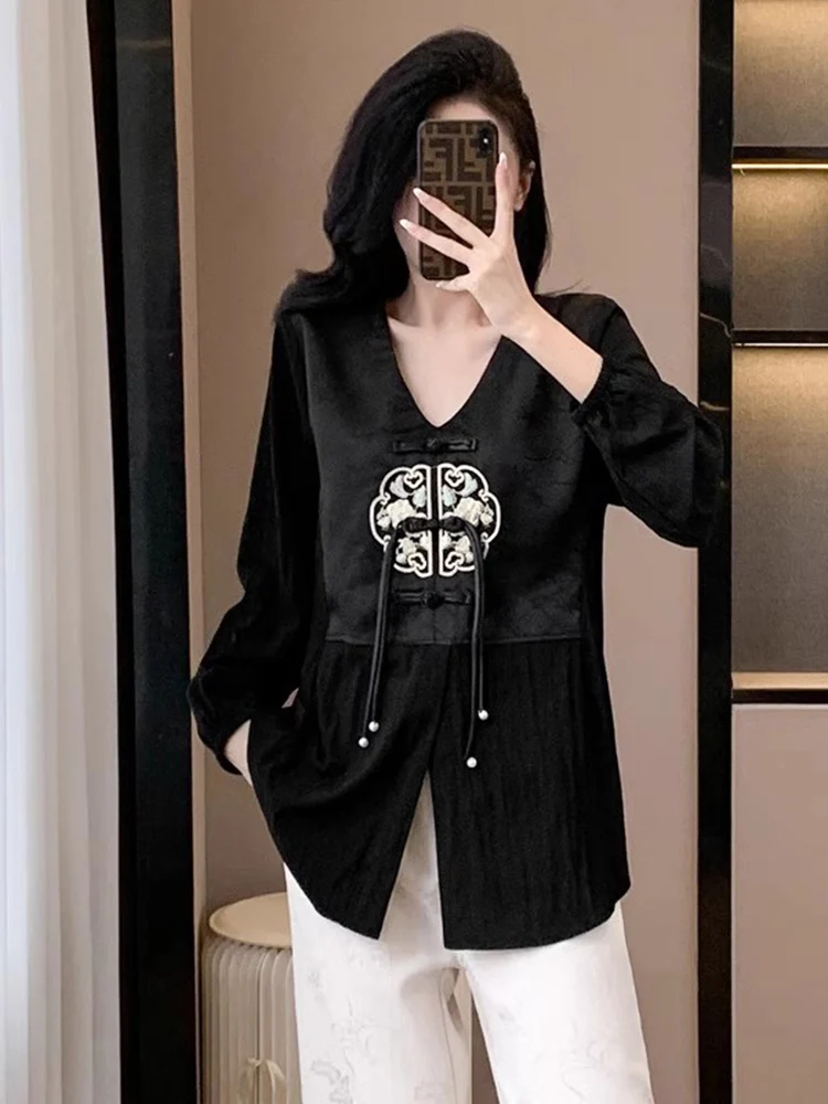 Высококачественные атласные черные рубашки с v-образным вырезом и длинными