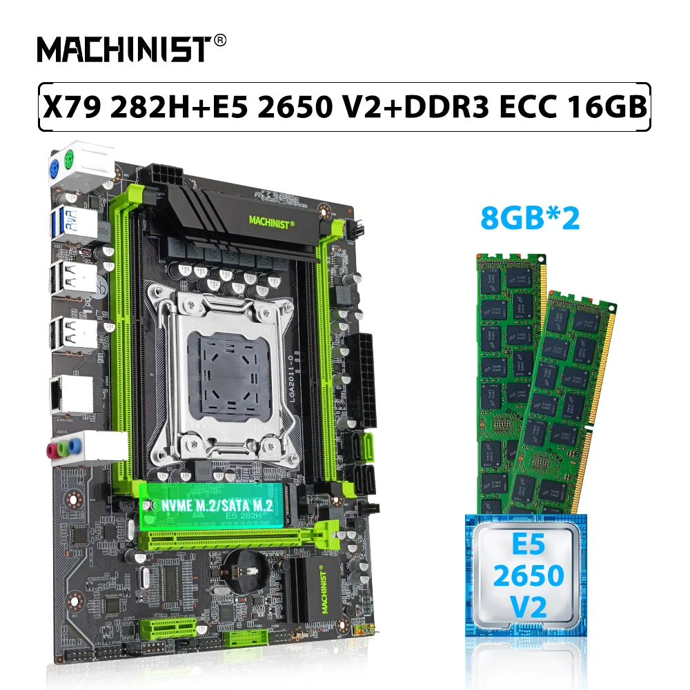 

MACHINIST X79 282H комплект материнской платы LGA 2011 Xeon E5 2650 V2 процессор ЦП 2 шт. * 8 ГБ = 16 Гб ECC DDR3 Память ОЗУ NVME M.2 SATA