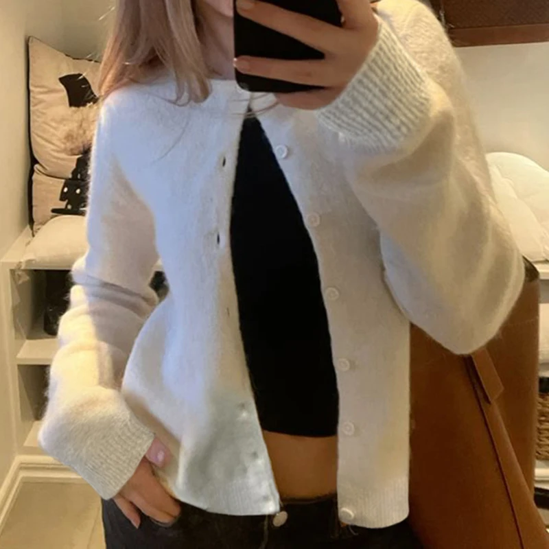 CIBBAR Однотонный Кардиган На Пуговицах Y2K Винтажный Женский Свитер С Длинными