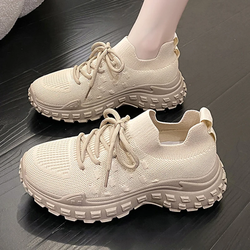 

Lucyever Breathable Knit Platform Sneakers Women Autumn Non Slip Lace Up Sport Shoes Woman Thick Bottom Vulcanize Shoes Female
