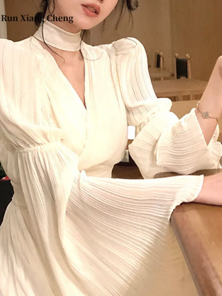 

2023 Spring Summer New Women's Dress White Pretty Vintage Luxury V-neck Long Sleeve Tea Break French Chic and Elegant Long Dress