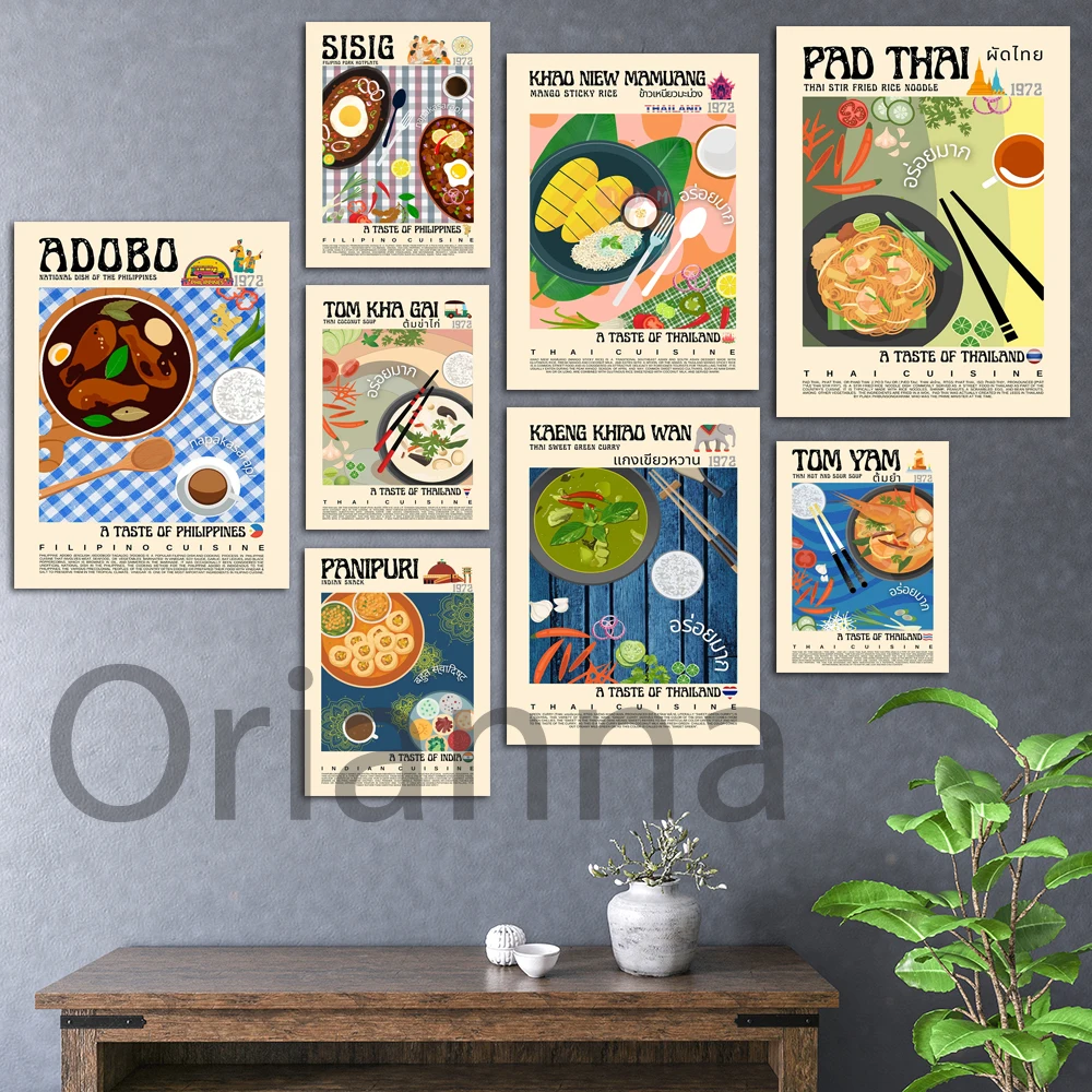 

Tom Yam Pad Thai Kaeng Khiao Panipuri Wall Poster Retro Style odern Kitchen Home Decor, Food Design Art Prints Canvas Paintings