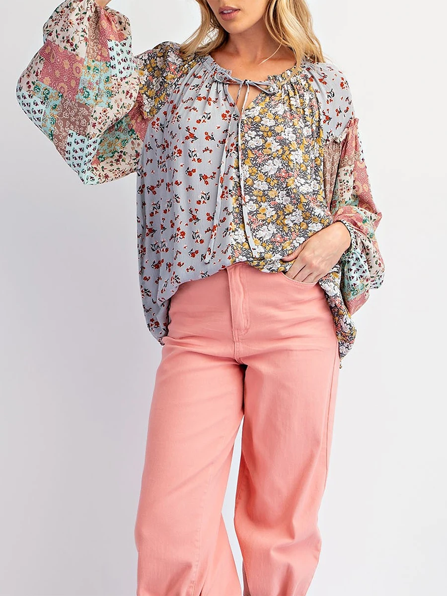 Женские топы с цветочным принтом длинный рукав V-образный вырез завязка спереди