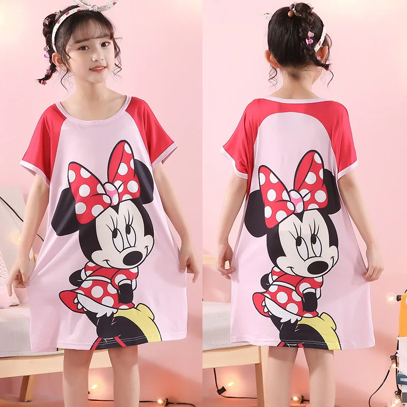 

Disney-Minnie Mouse Nightdress Summer Short Sleeve Girls 2-12 Years Old Skirt Children Gift Cartoon Home Dress