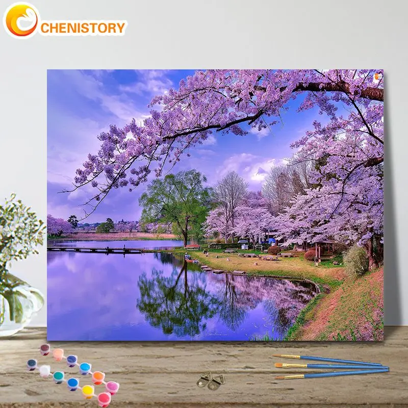 

CHENISTORY Diy Painting By Numbers Lake Scenery Kits Handpainted Picture Art Purple Flower Tree Drawing On Canvas Home Decor