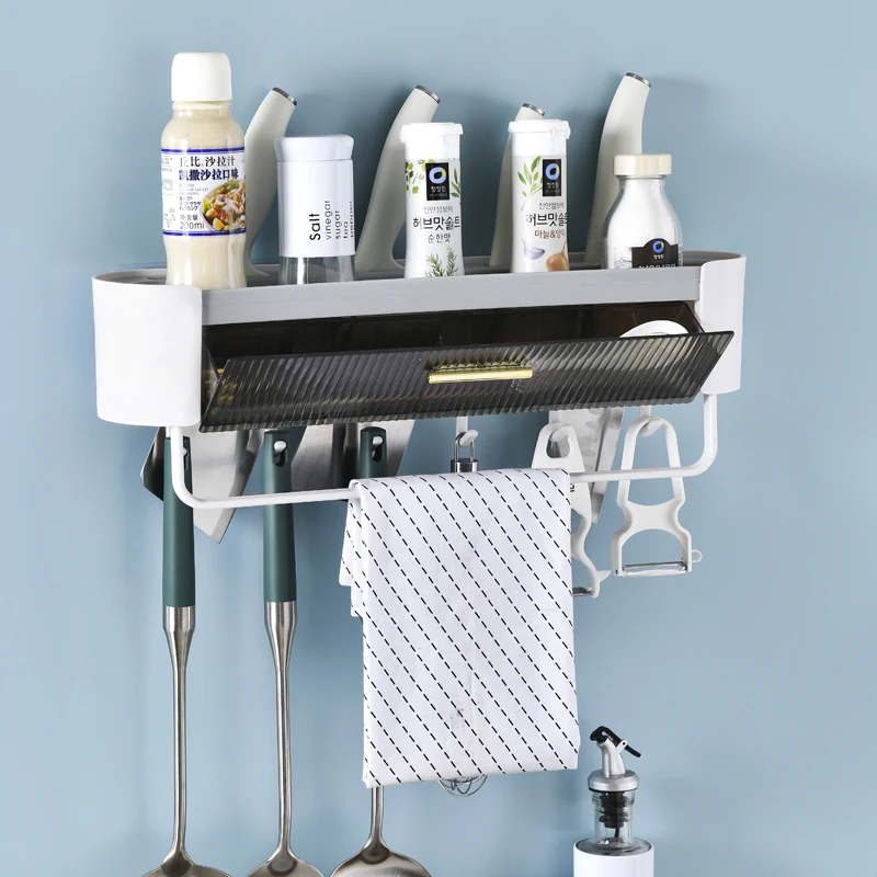 Фото Bathroom Organizer Rack Knife Seasoning Shelf With Drain Holes For Kitchen Holder Bathroom Storage Rack With Towel Rod And Hooks №3