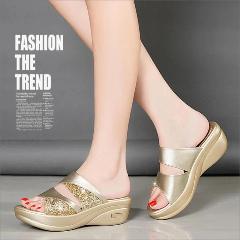 

Women Summer Slippers Fashion Gold Silvery Color Women Wedges Shoes Slip-On Mules Loafer Sandals Slides Ladies Shoes