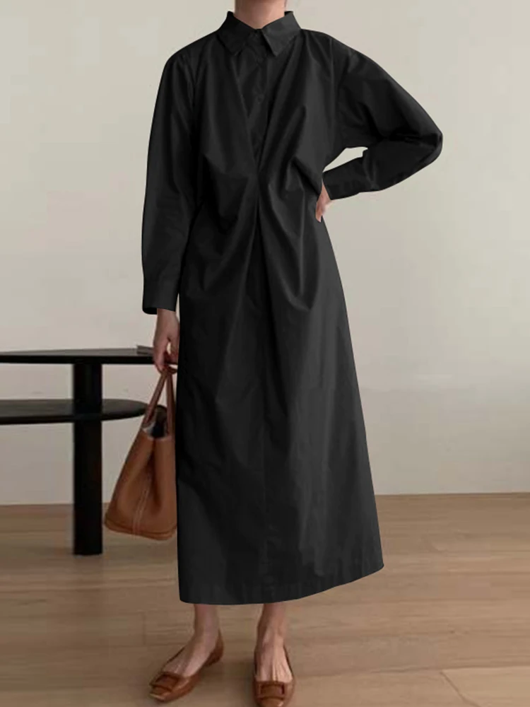 

Celmia Fashion Office Lady Midi Shirt Dress Casual Women Lapel Buttons Pleated Korean Vestidos 2022 Elegant Long Sleeve Robes