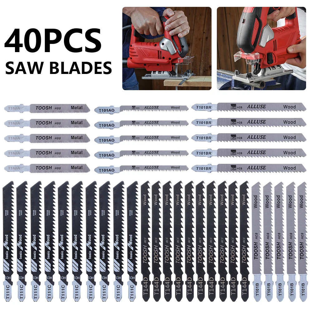 

40Pcs Universal Jig Saw Blade Set HCS T Shank Assorted Blades Fast Cut Down Jig Saw Knife Jig Saw Cutter Power Tool Accessories