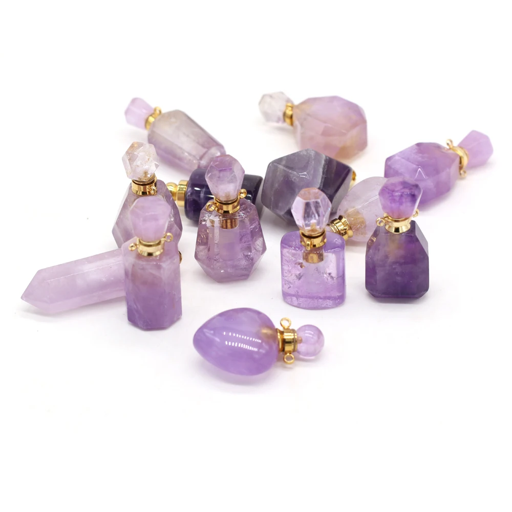 

Natural Semi-Precious Stone Amethyst Crystal Essential Oil Diffuser Perfume Bottle Pendant DIY Charm Necklace Jewelry Gift