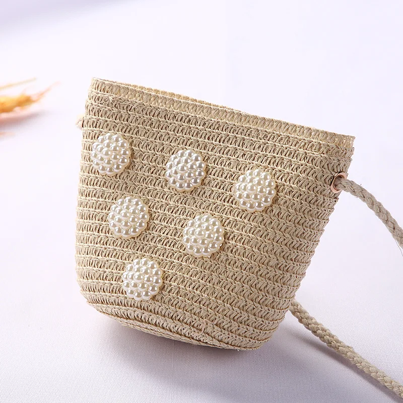Cute Children's Straw Shoulder Bags Flower Baby Girls Small Bucket Crossbody Bag Boys Kids Mini Coin Purse Beach Handbags