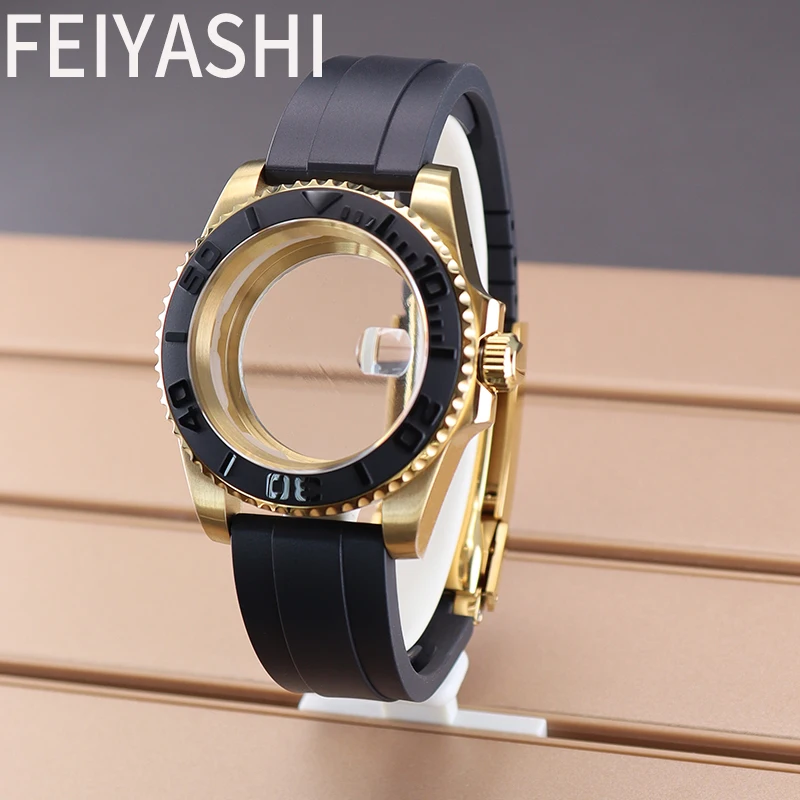 40mm Gold Watches Cases Rubber Watchband Parts For YACHT-MASTER nh34 nh35 nh36 nh38 Miyota 8215 Eta 2824 Movement 28.5mm Dial