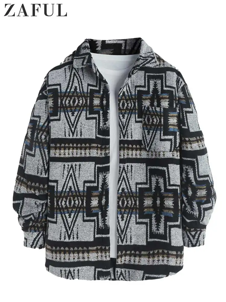 

ZAFUL Men's Jackets Wool Blend Aztec Print Coats Vintage Jacket Shirt with Pocket Streetwear Shacket Fall Winter Warm Topcoats