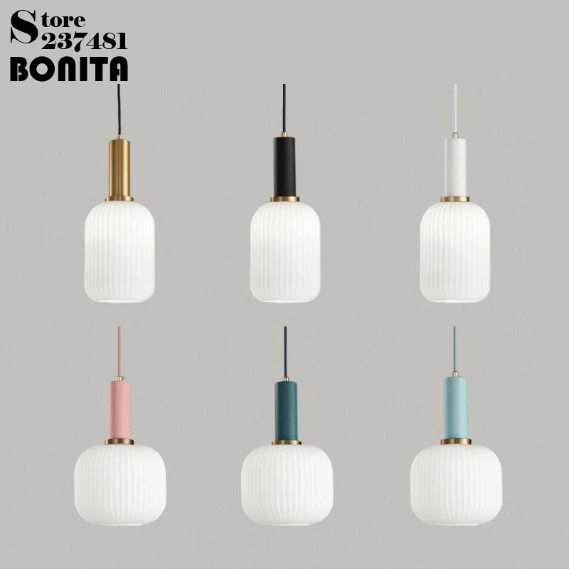 

Macaron Nordic Modern Restaurant Lamp Colorful Striped Glass pendant lighting Milky Glass Lampshades Golden Top Pendant Lamp