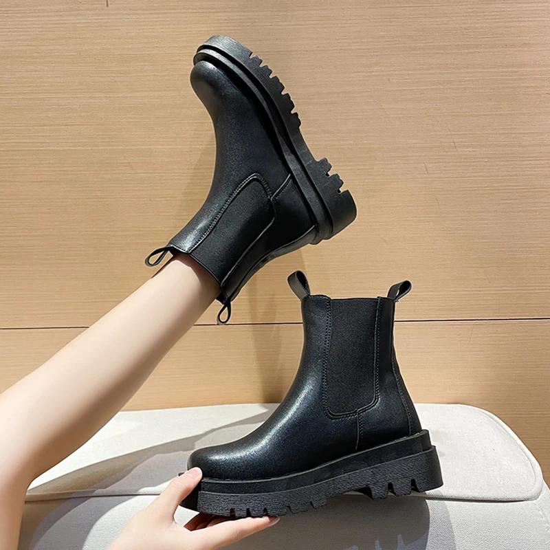 

Женские ботинки до середины икры с круглым носком, белые осенние ботинки-женские ботинки челси на низком резиновом каблуке, Лолита 2022, женск...