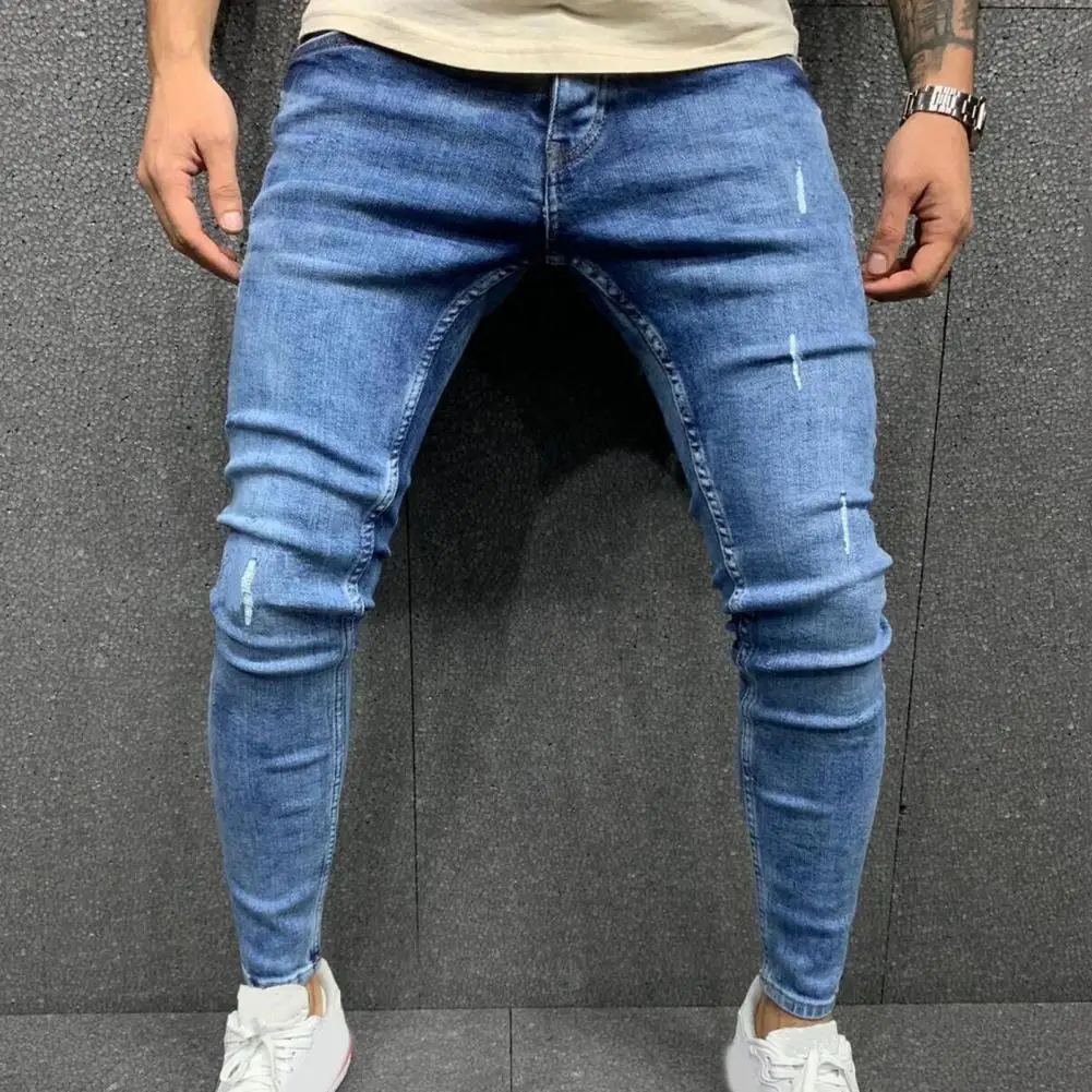 

Men Jeans Solid Color Worn Design Men Pants Casual Tight Ankle Zipper Men Pants Slim Fit Mid Waist Tight Ankle Pants For Dating