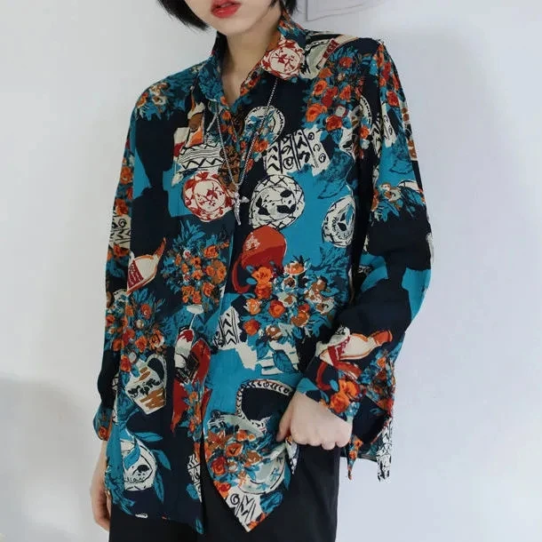 

Vintage Shirt Blue Oil Painting Spring Autumn Design Long Sleeve Top Loose 2023 New Fine Elegant Blouses For Women