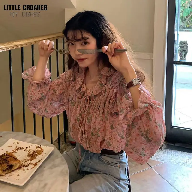 

Vintage Solid Shirts Long Sleeve Single Breasted Button Cute Sweet Bow Tie Women Korea Japan Style Ruffled Chic Pink Tops Blusas