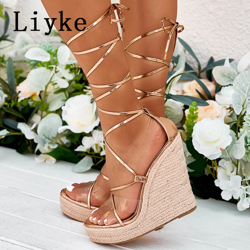 

Liyke Fashion Transparent Narrow Band Wedge Sandals Summer Open Toe Cross-Strap Lace-Up Platform High Heels Women Shoes Golden