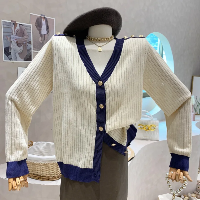 

New Women's Clothing 2022 Autumn Contrast color cardigan Coat V-neck loose thin long sleeved knit sweater top