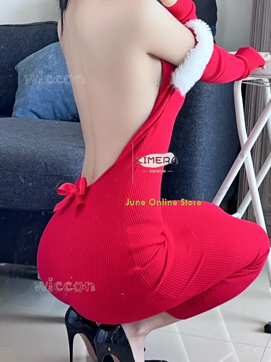 Рождественский сексуальный наряд с открытой спиной облегающее красное платье