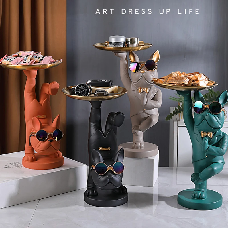 

KungFu бульдог дворецкий с подносом для ключей хранение ювелирных изделий скандинавский Декор для дома статуи собаки из смолы скульптура укра...