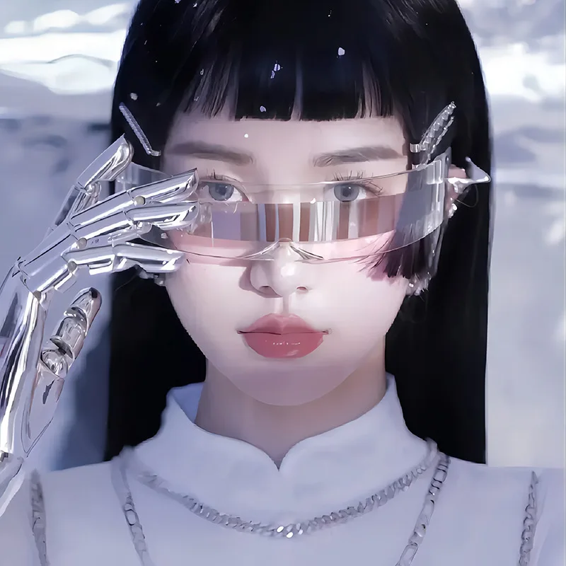 Фото Солнцезащитные очки Y2K Future Warrior без оправы, цельные линзы с запахом вокруг кибер-панка, футуристические мужские и женские солнцезащитные очки в стиле хип-хоп для вечеринок №1