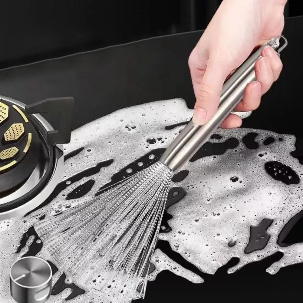 

Reliable Pot Scrubber Brush Rust-proof No Damage Stainless Steel Stove Cleaning Brush Kitchen Tools