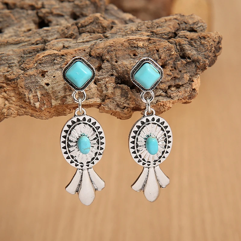 

Bohemian Style Vintage Silver Color Turquoise Stone Drop Dangle Earrings For Women Charming Jewelry Gift