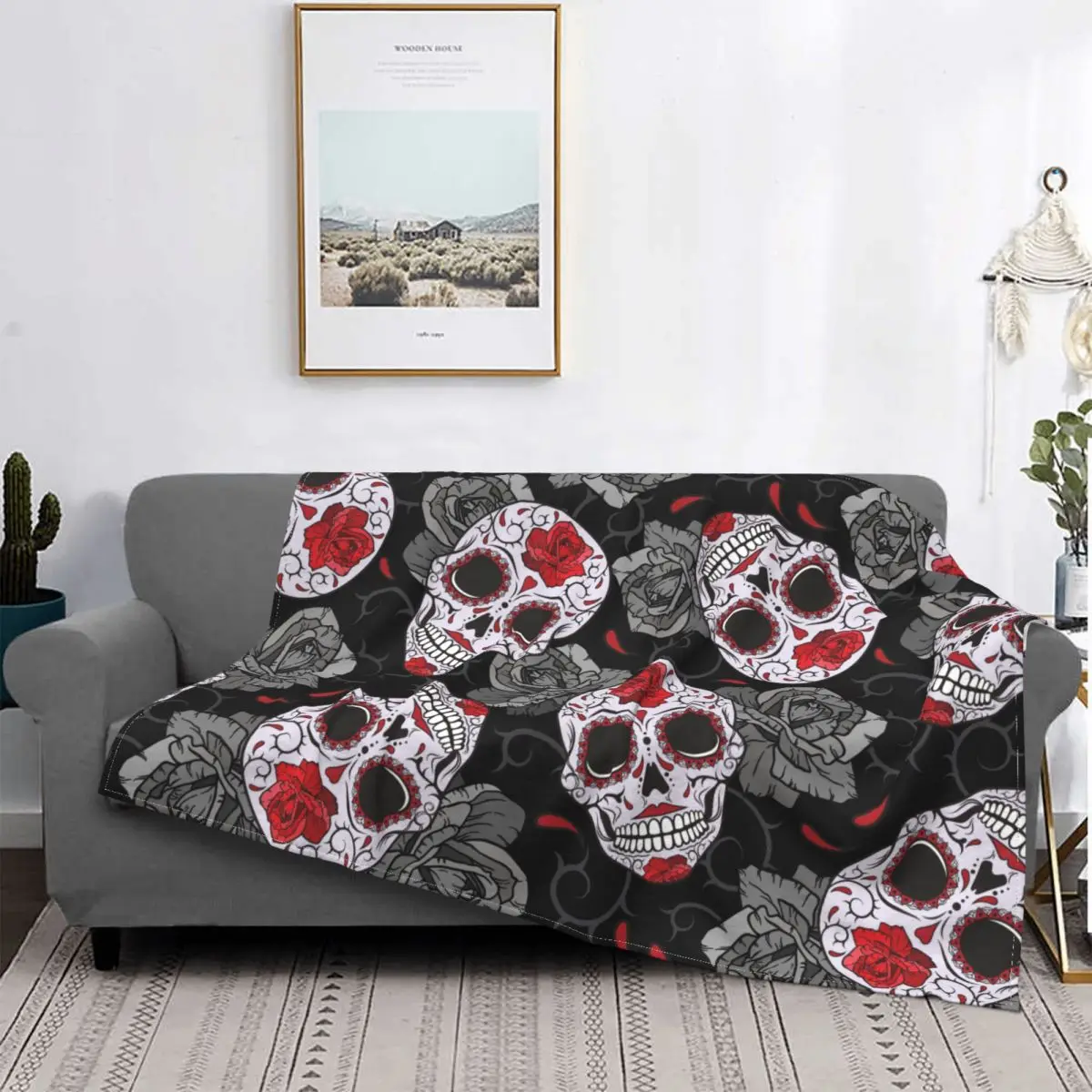 

Sugar Skull Rose Halloween Knitted Blanket Gothic Day of the Dead Flannel Throw Blanket Bedding Couch Decor Soft Warm Bedspread