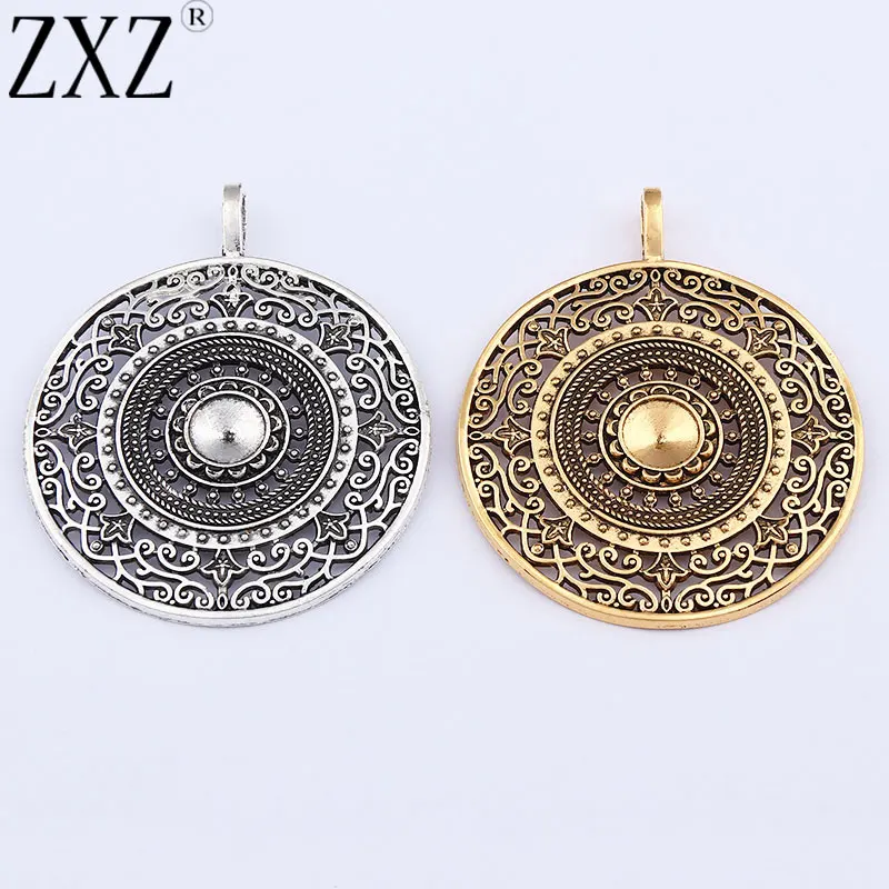 

ZXZ 2pcs Tibetan Silver/Gold Tone Large Mandala Filigree Flower Round Charms Pendants For Necklace Jewelry Making 68x56mm
